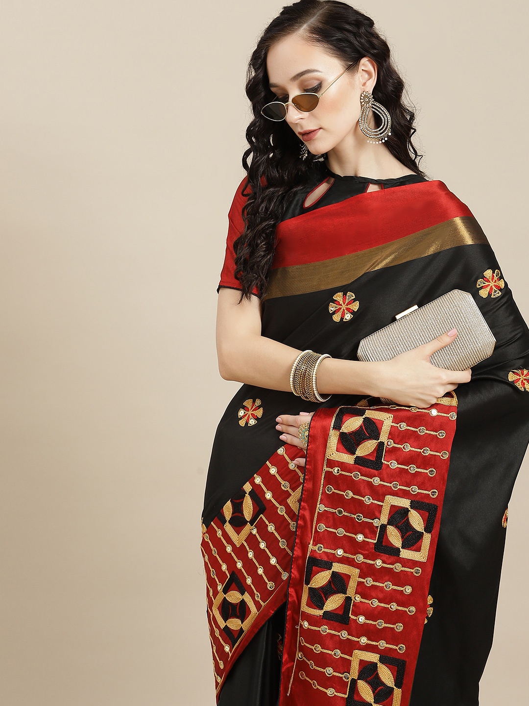 

SERONA FABRICS Black & Red Sequined & Embroidered Silk Cotton Saree With Blouse