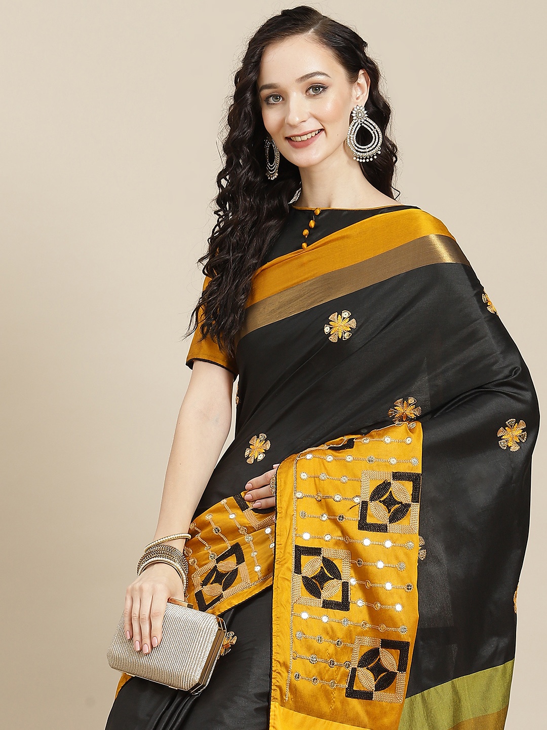 

SERONA FABRICS Black & Mustard Yellow Sequined & Embroidered Silk Cotton Saree With Blouse