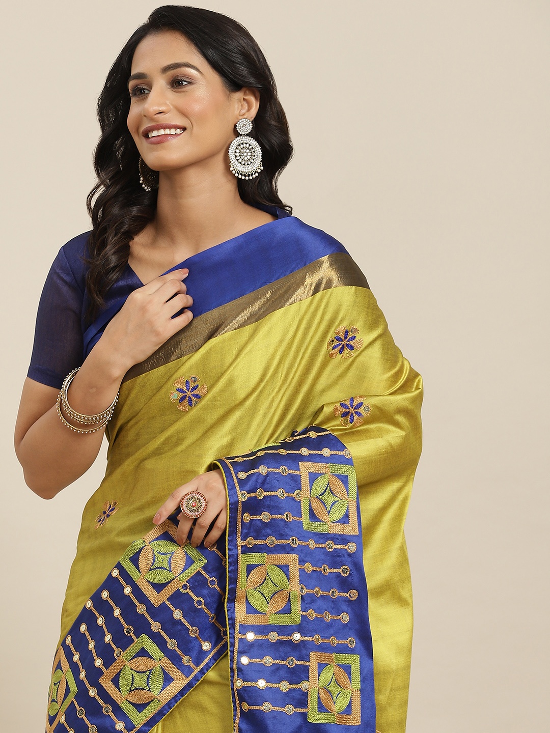 

SERONA FABRICS Yellow & Blue Floral Sequinned Thread Embroidered Silk Cotton Saree