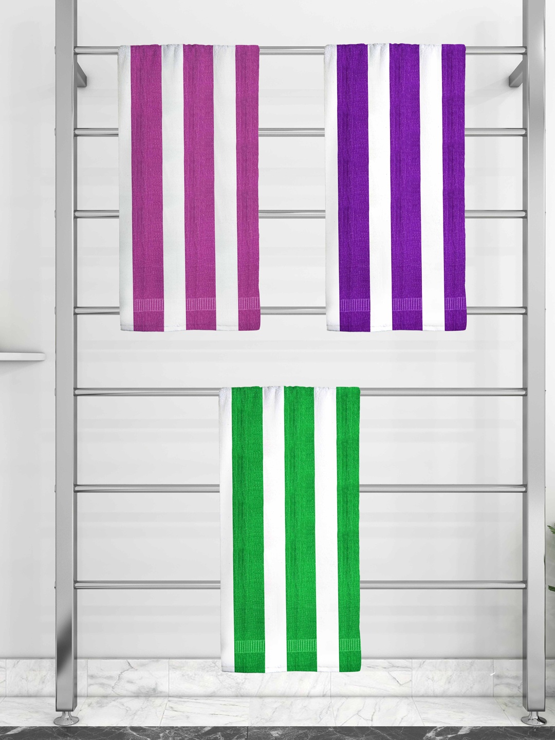 

Athom Trendz Set Of 3 Striped Pure Cotton 210 GSM Bath Towels, Green
