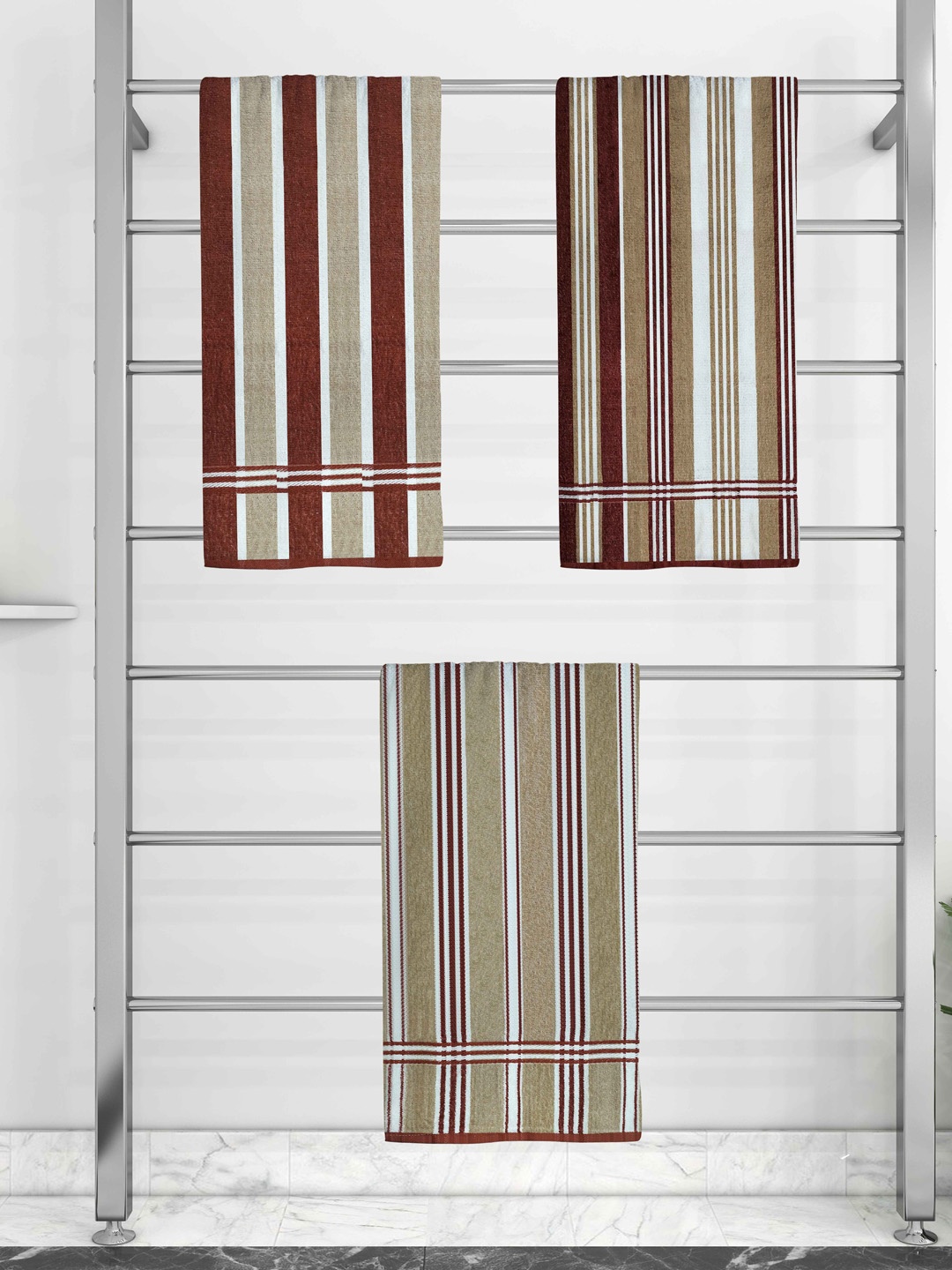 

Athom Trendz Set Of 3 Striped Pure Cotton 210 GSM Bath Towel, Brown