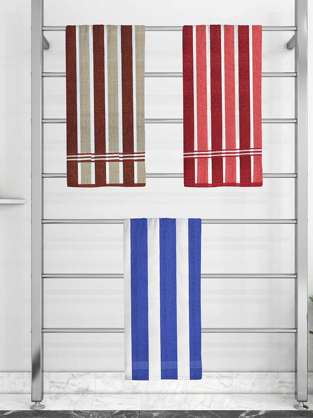 

Athom Trendz Set Of 3 Multi-Colored Striped Cotton Bath Towels