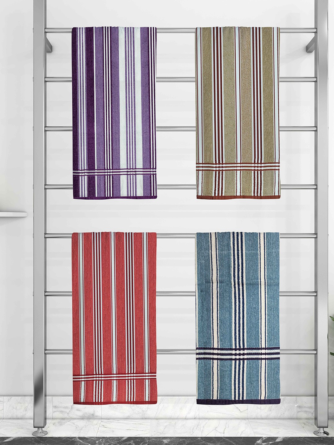 

Athom Trendz Pack Of 4 Striped Pure Cotton 210 GSM Bath Towel, White