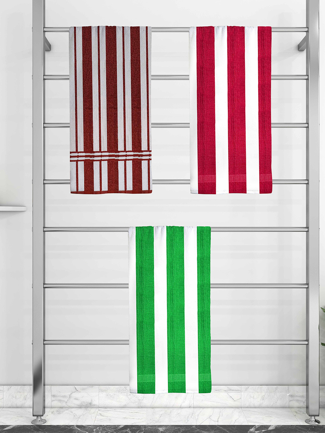 

Athom Trendz Set Of 3 Striped 210 GSM Pure Cotton Bath Towels, Multi