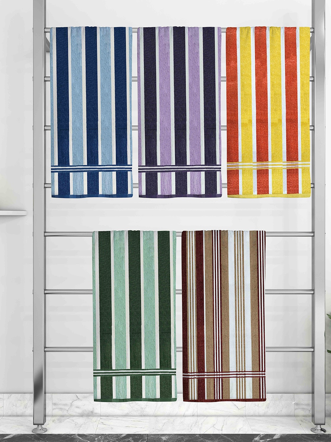 

Athom Trendz Set Of 5 Striped 210 GSM Cotton Bath Towels, Multi