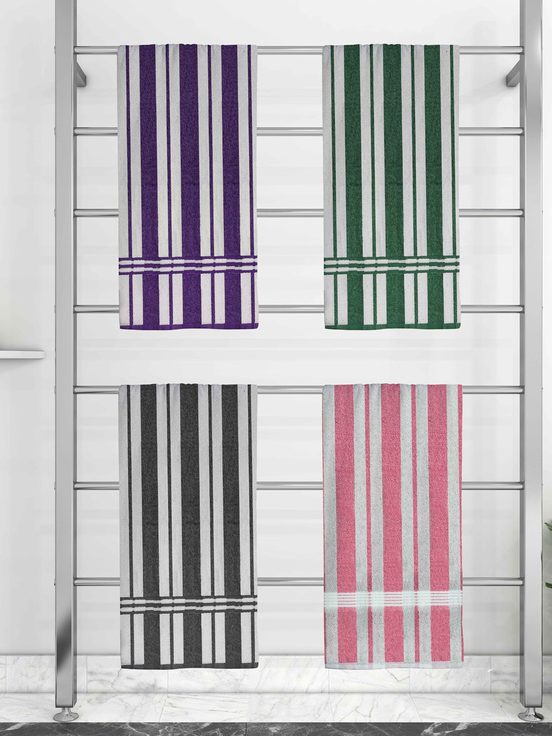 

Athom Trendz Set Of 4 Striped Pure Cotton 210 GSM Bath Towel, White