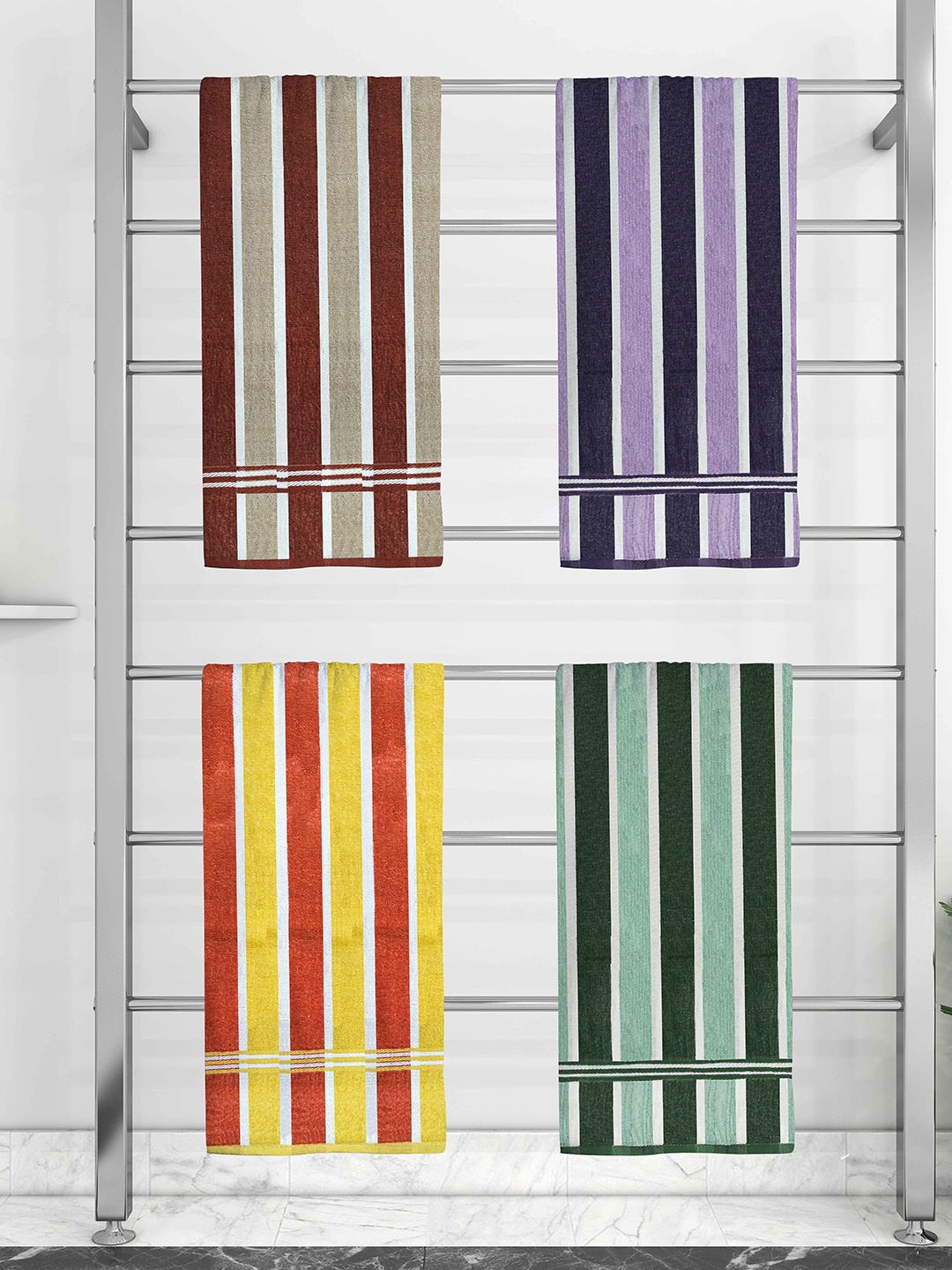 

Athom Trendz Set Of 4 Striped 210 GSM Pure Cotton Bath Towels, Purple