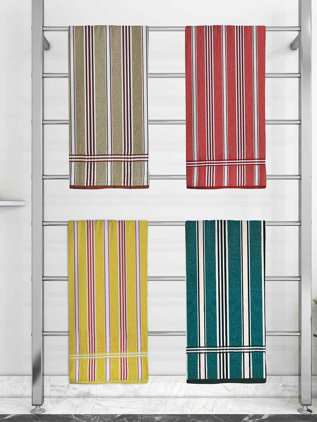 

Athom Trendz Set Of 4 Striped 210 GSM Pure Cotton Bath Towels, Red