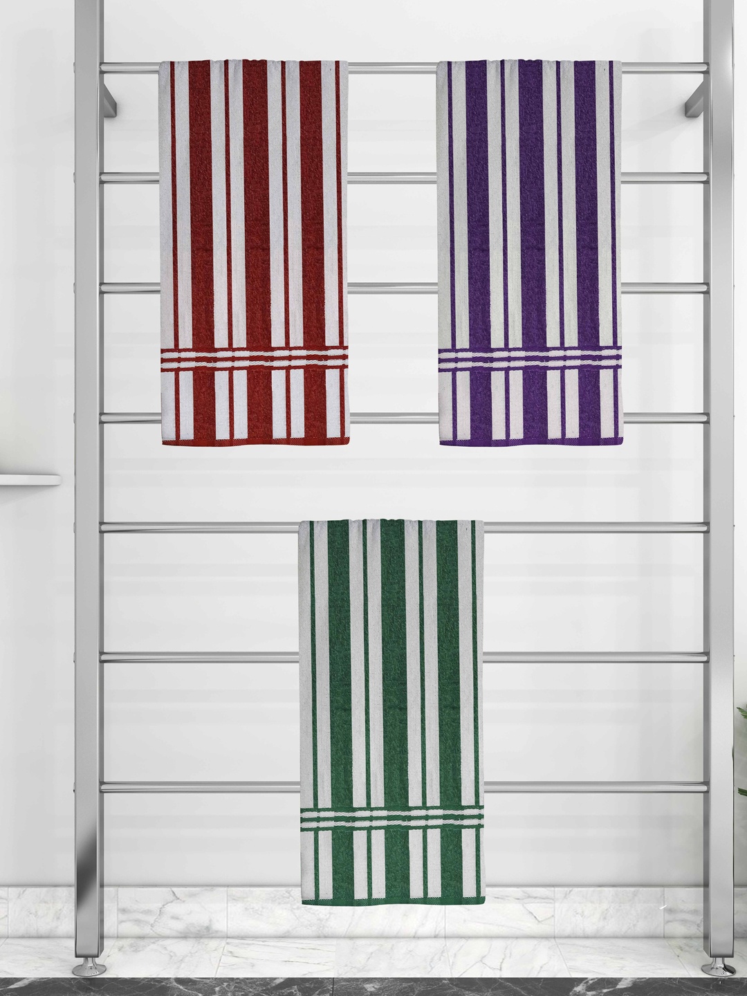

Athom Trendz Set Of 3 Striped 210 GSM Pure Cotton Bath Towels, Multi