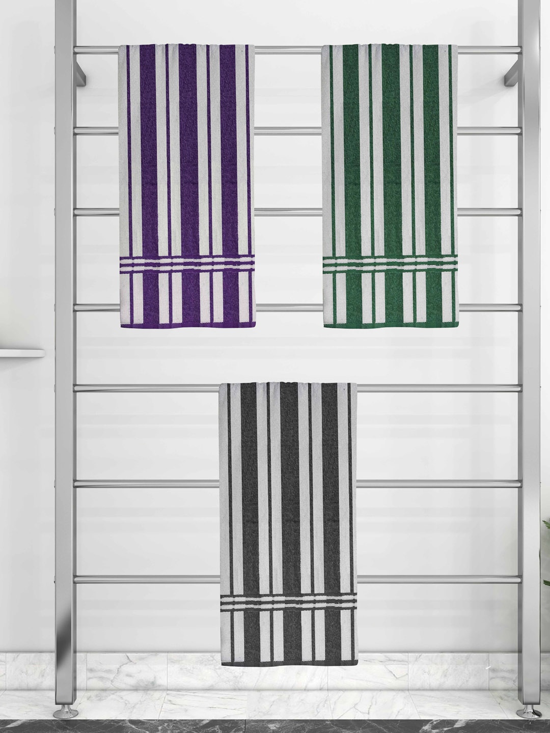

Athom Trendz Set Of 3 Striped 210 GSM Pure Cotton Bath Towels, Violet