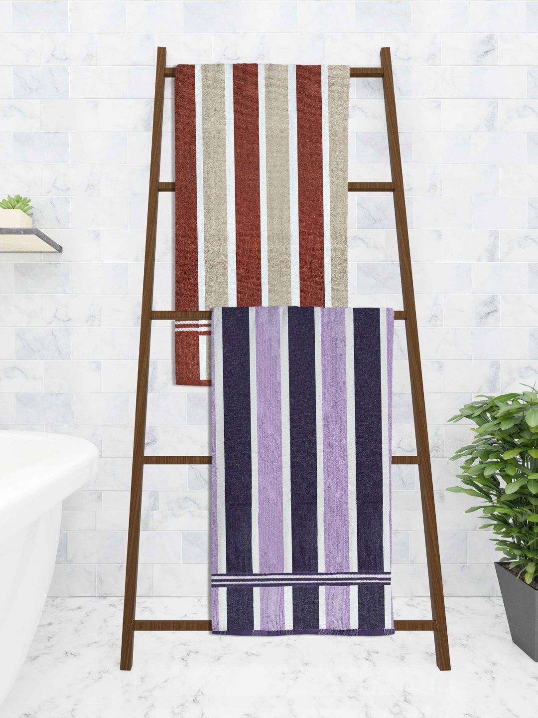 

Athom Trendz Set Of 2 Striped 210 GSM Pure Cotton Bath Towels, Purple