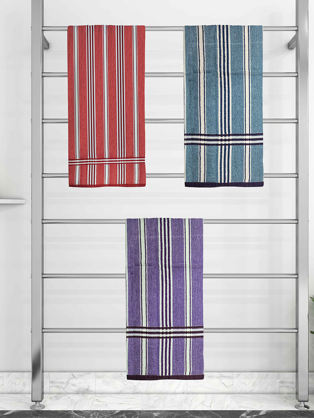 

Athom Trendz Set Of 3 Striped 210 GSM Pure Cotton Bath Towels, Blue