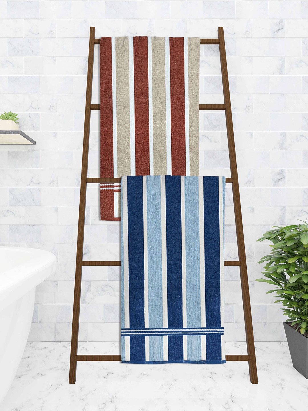 

Athom Trendz Set of 2 Striped Cotton 210 GSM Bath Towels, Red