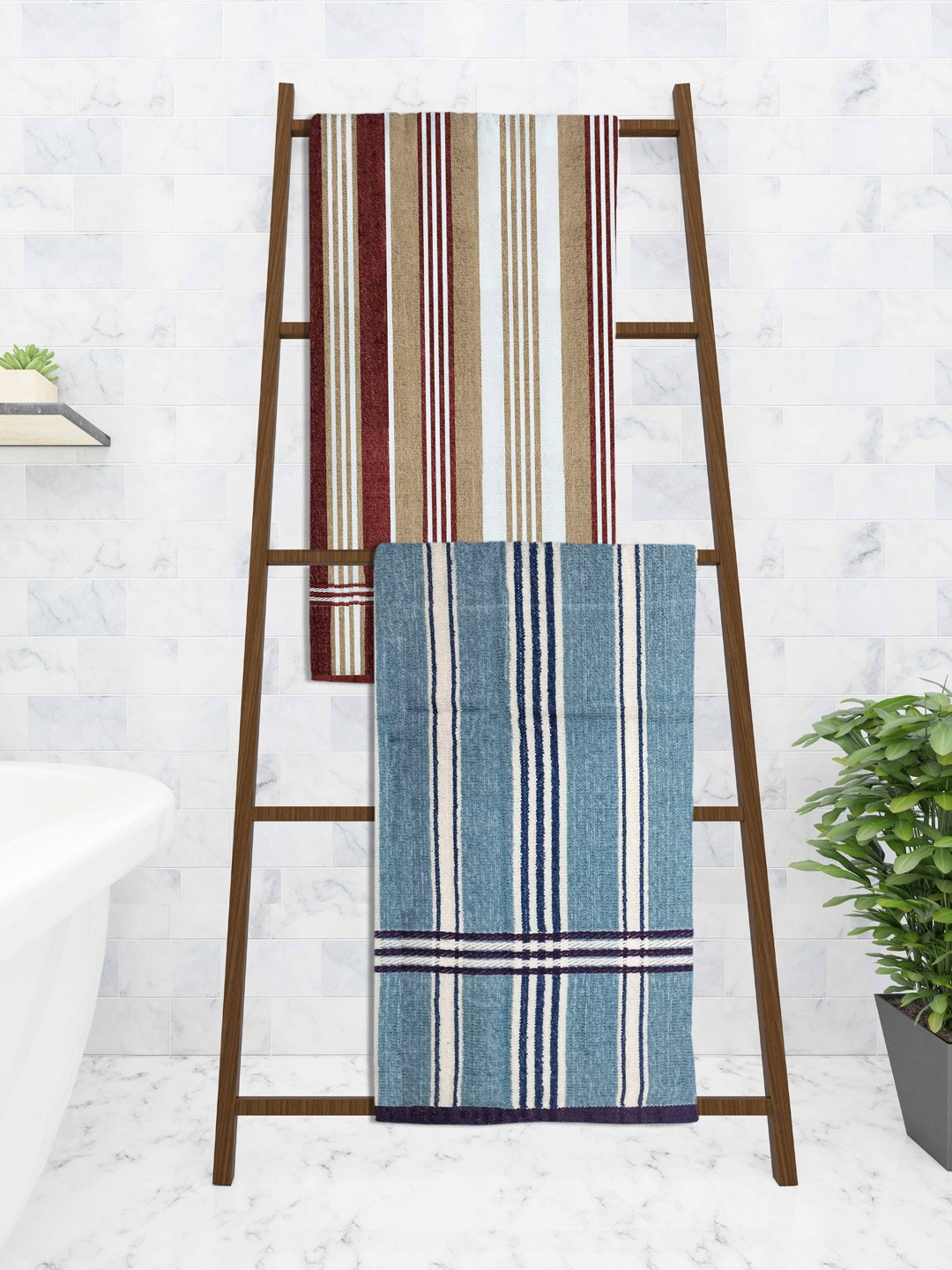 

Athom Trendz Set Of 2 Striped 210 GSM Pure Cotton Bath Towels, Blue