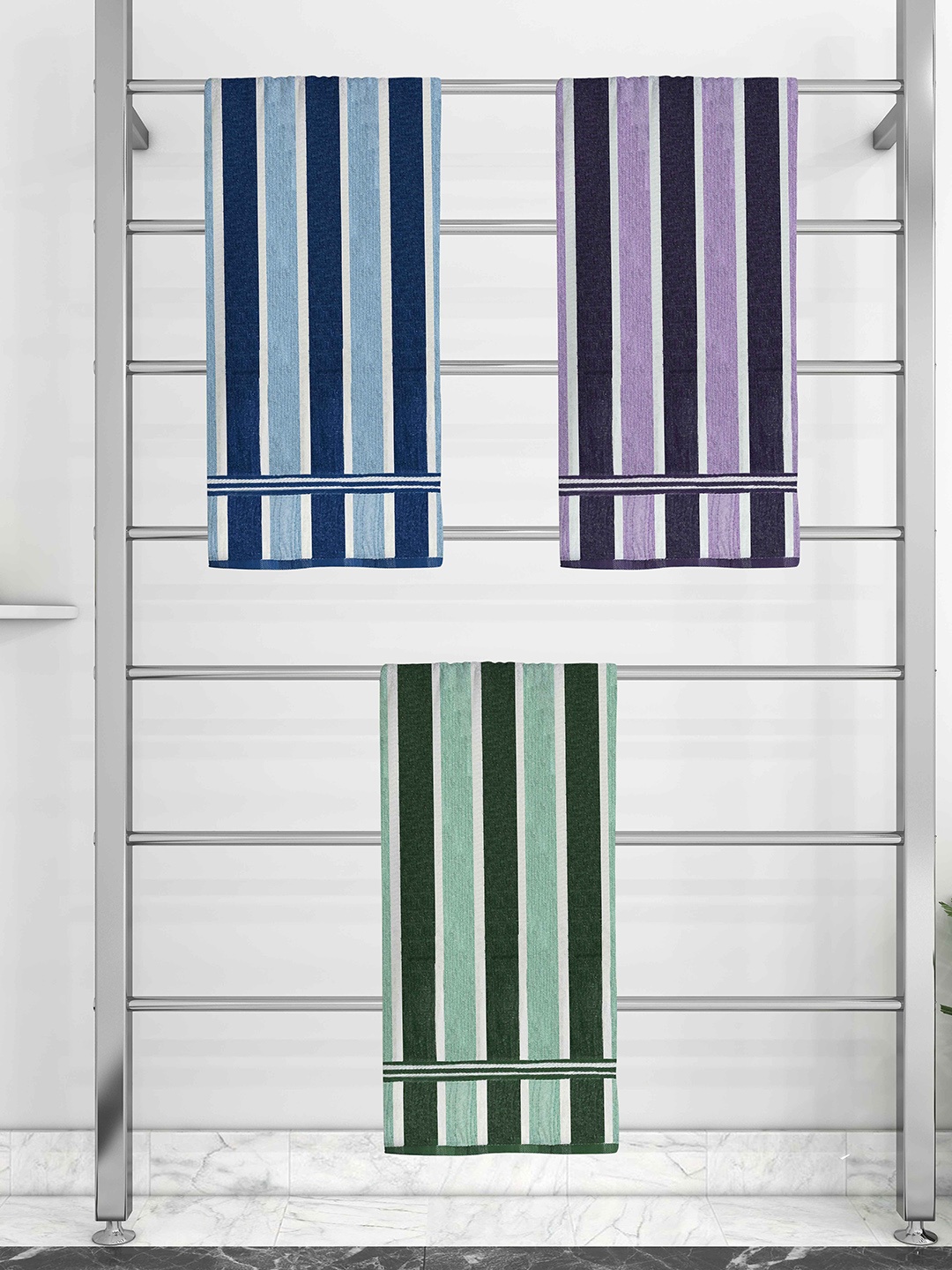 

Athom Trendz Set Of 3 Striped Pure Cotton 210 GSM Bath Towel, Green