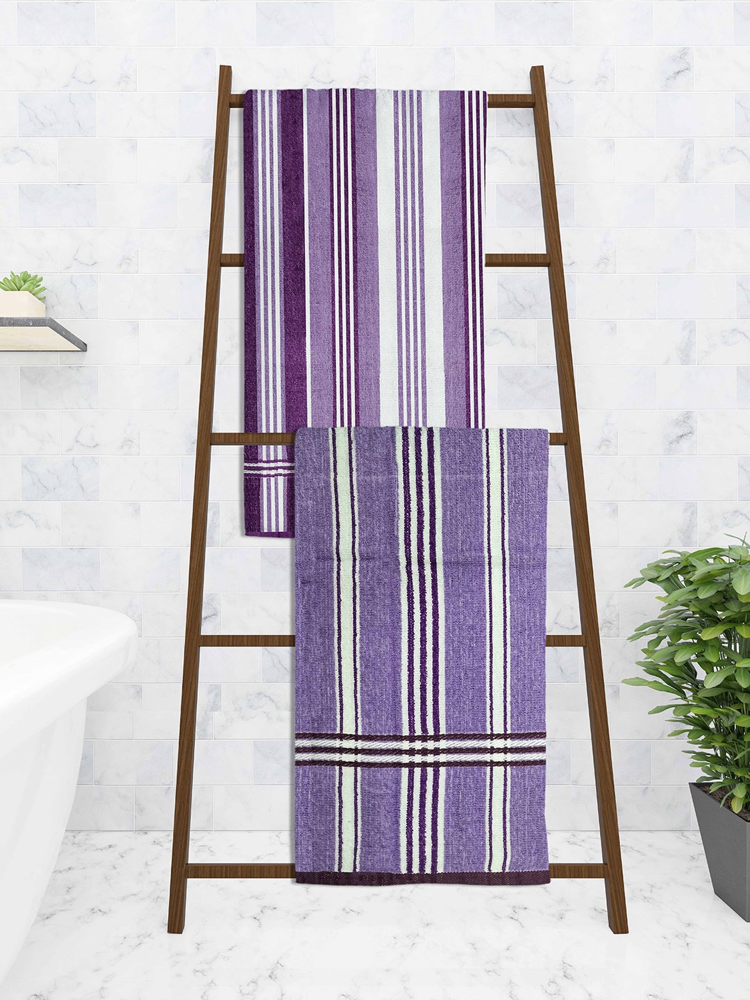 

Athom Trendz Set of 2 Striped Cotton 210 GSM Bath Towels, Purple