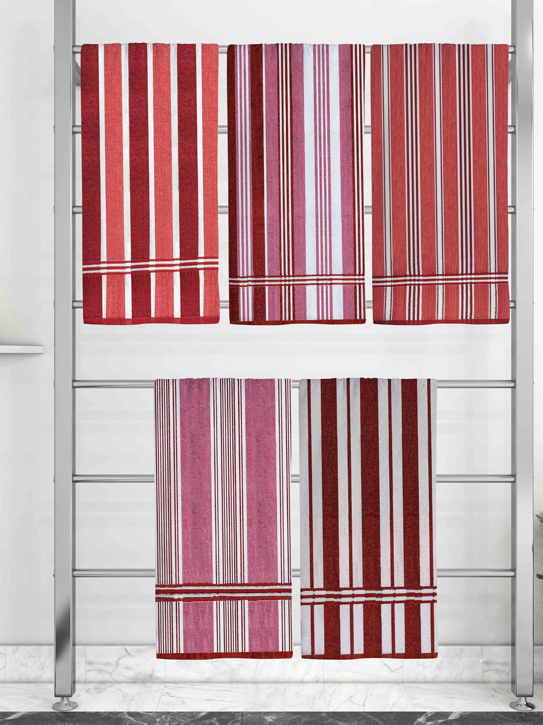 

Athom Trendz Set Of 5 Striped 210 GSM Pure Cotton Bath Towels, Red