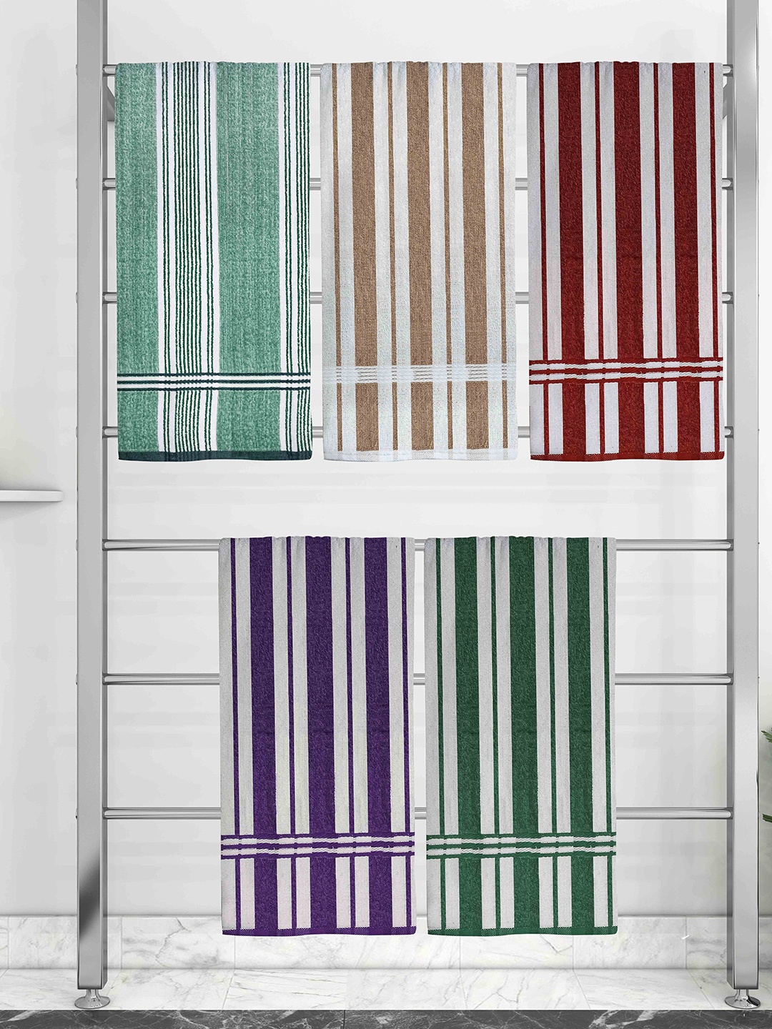 

Athom Trendz Set Of 5 Striped Pure Cotton 210 GSM Bath Towel, White