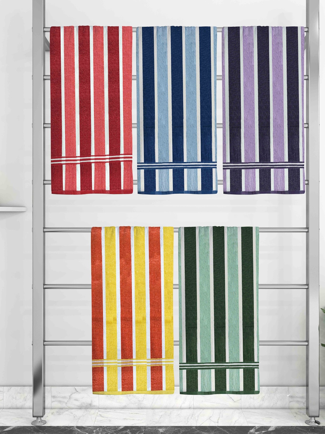 

Athom Trendz Set Of 5 Striped 210 GSM Pure Cotton Bath Towels, Multi
