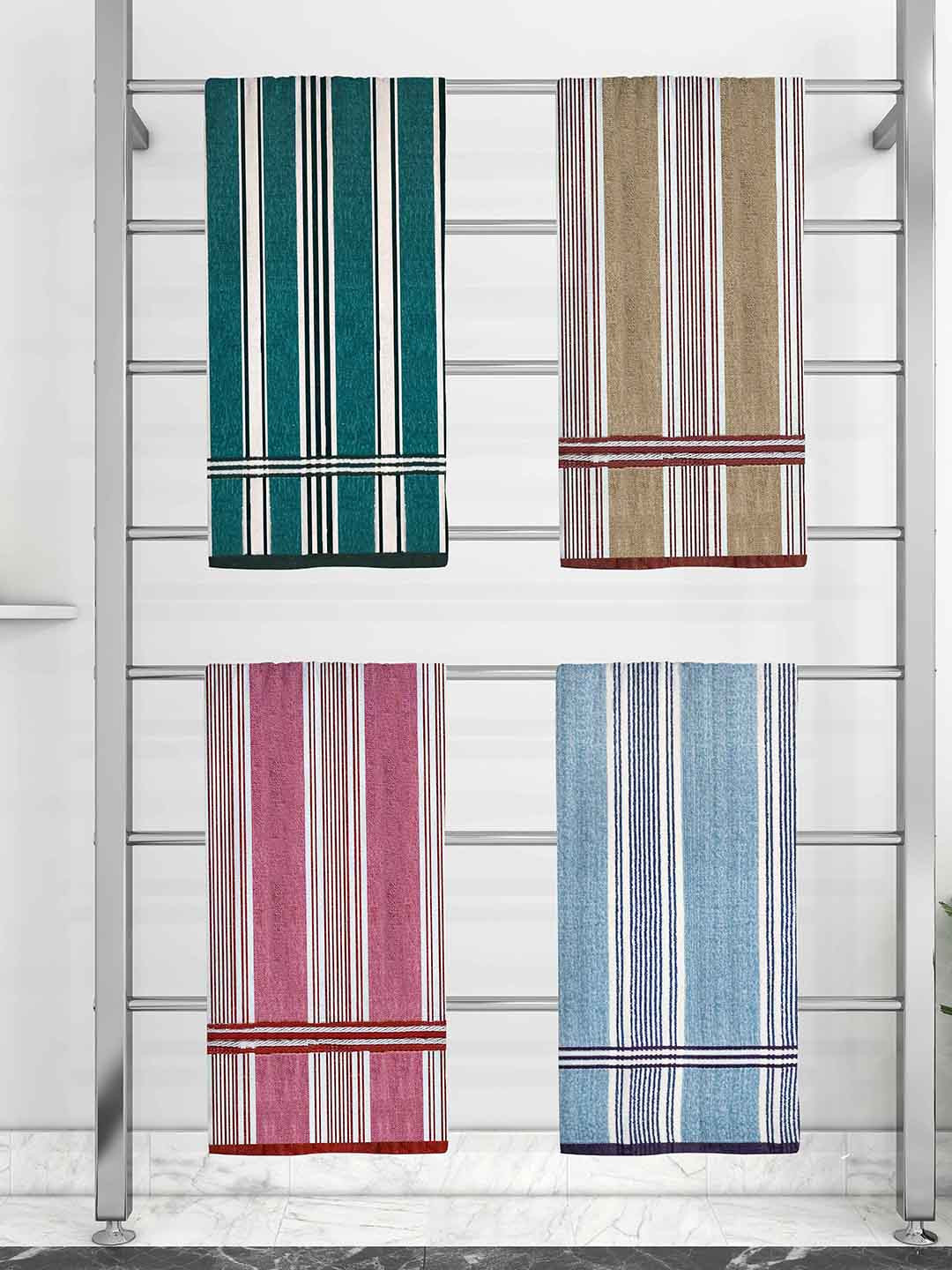 

Athom Trendz Set Of 4 Striped 210 GSM Pure Cotton Bath Towels, Green