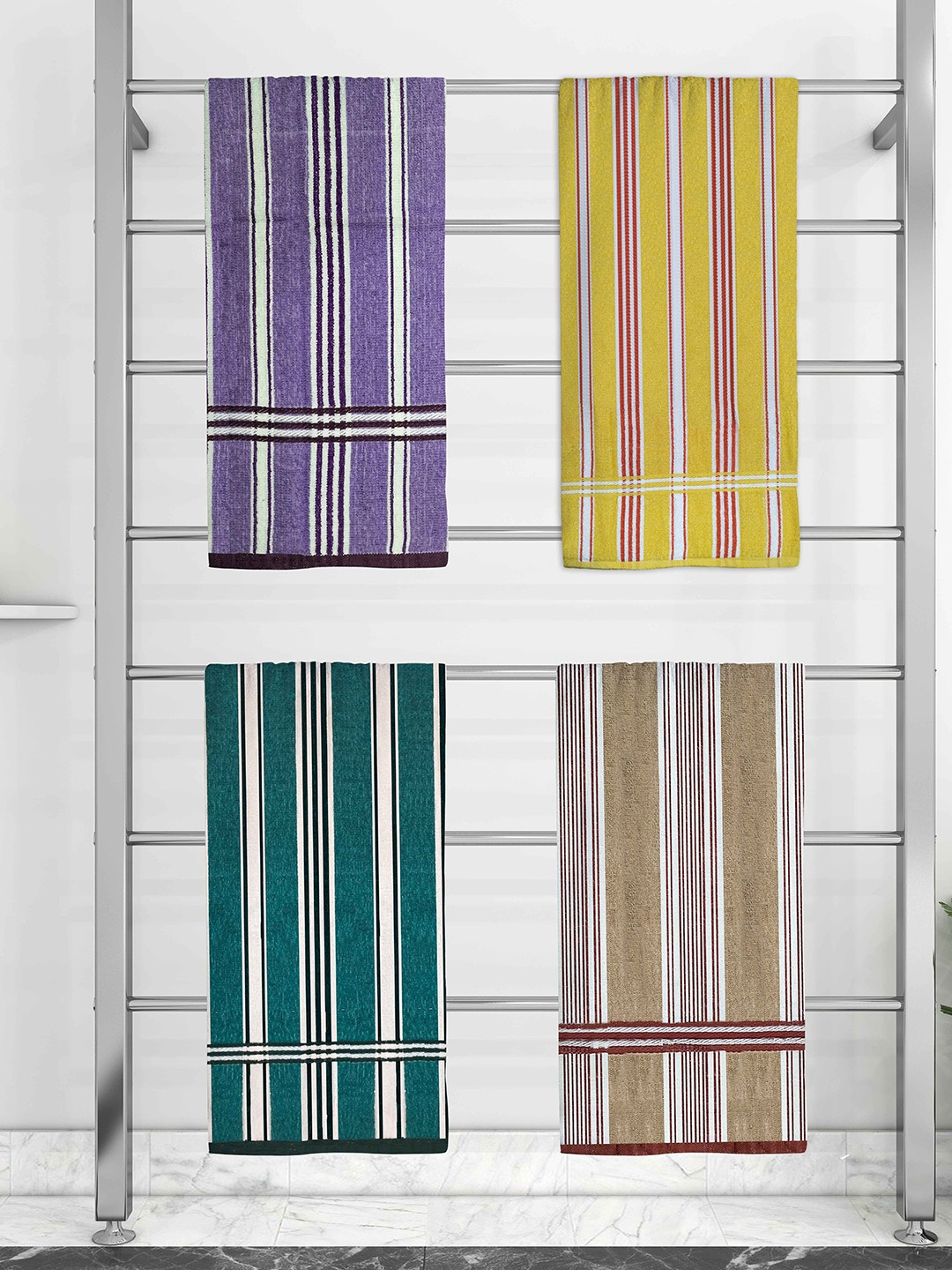 

Athom Trendz Set Of 4 Striped Pure Cotton 210 GSM Bath Towel, Purple