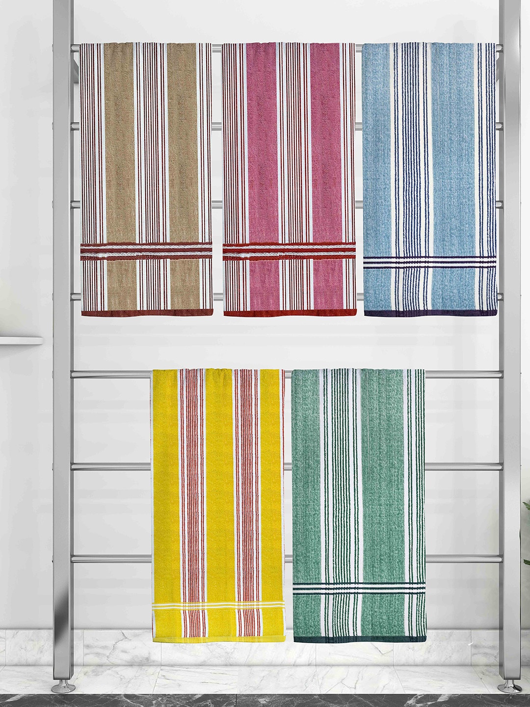 

Athom Trendz Set Of 5 Striped 210 GSM Pure Cotton Bath Towels, White