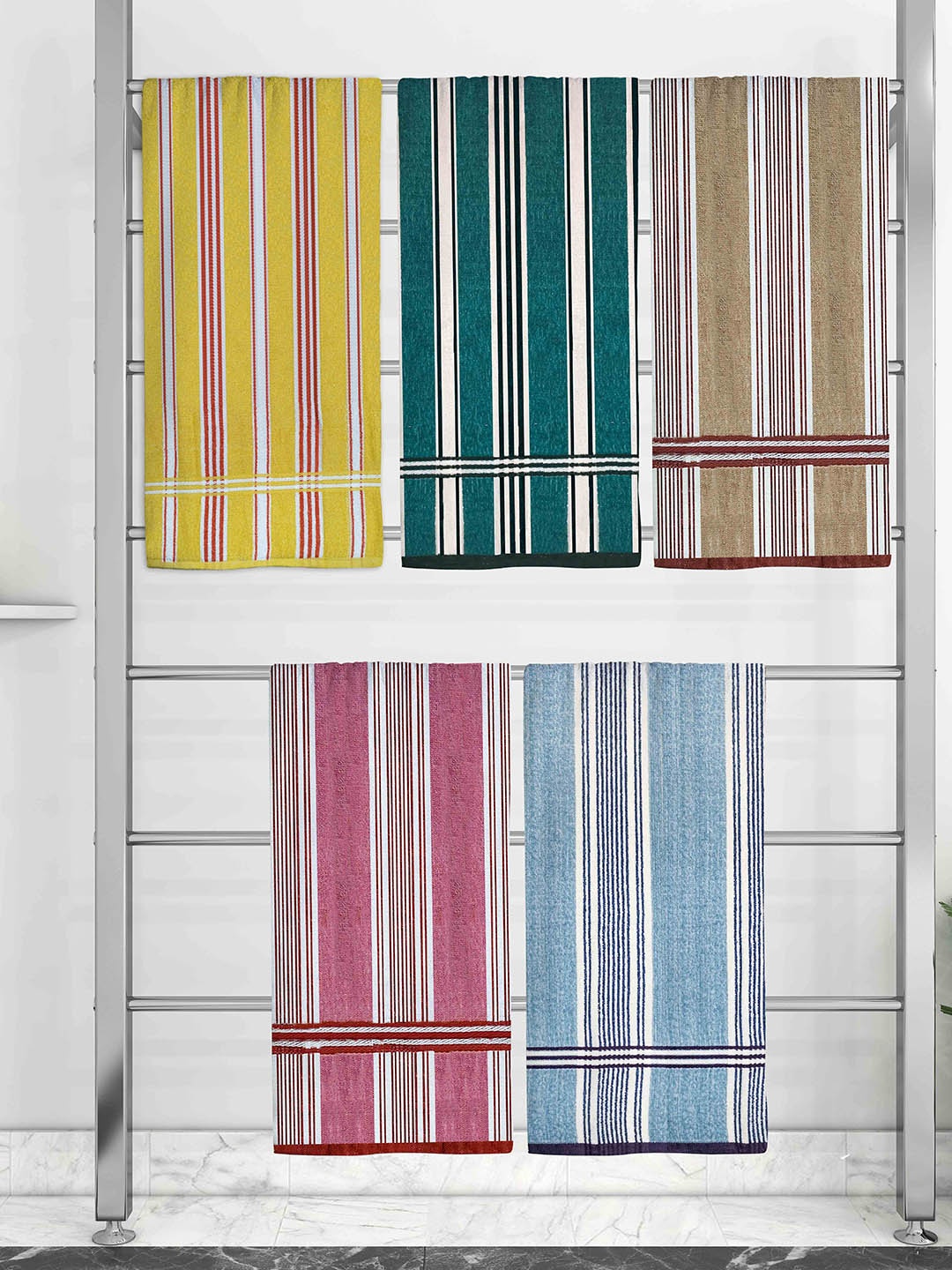 

Athom Trendz Set Of 5 Striped 210 GSM Pure Cotton Bath Towels, Pink