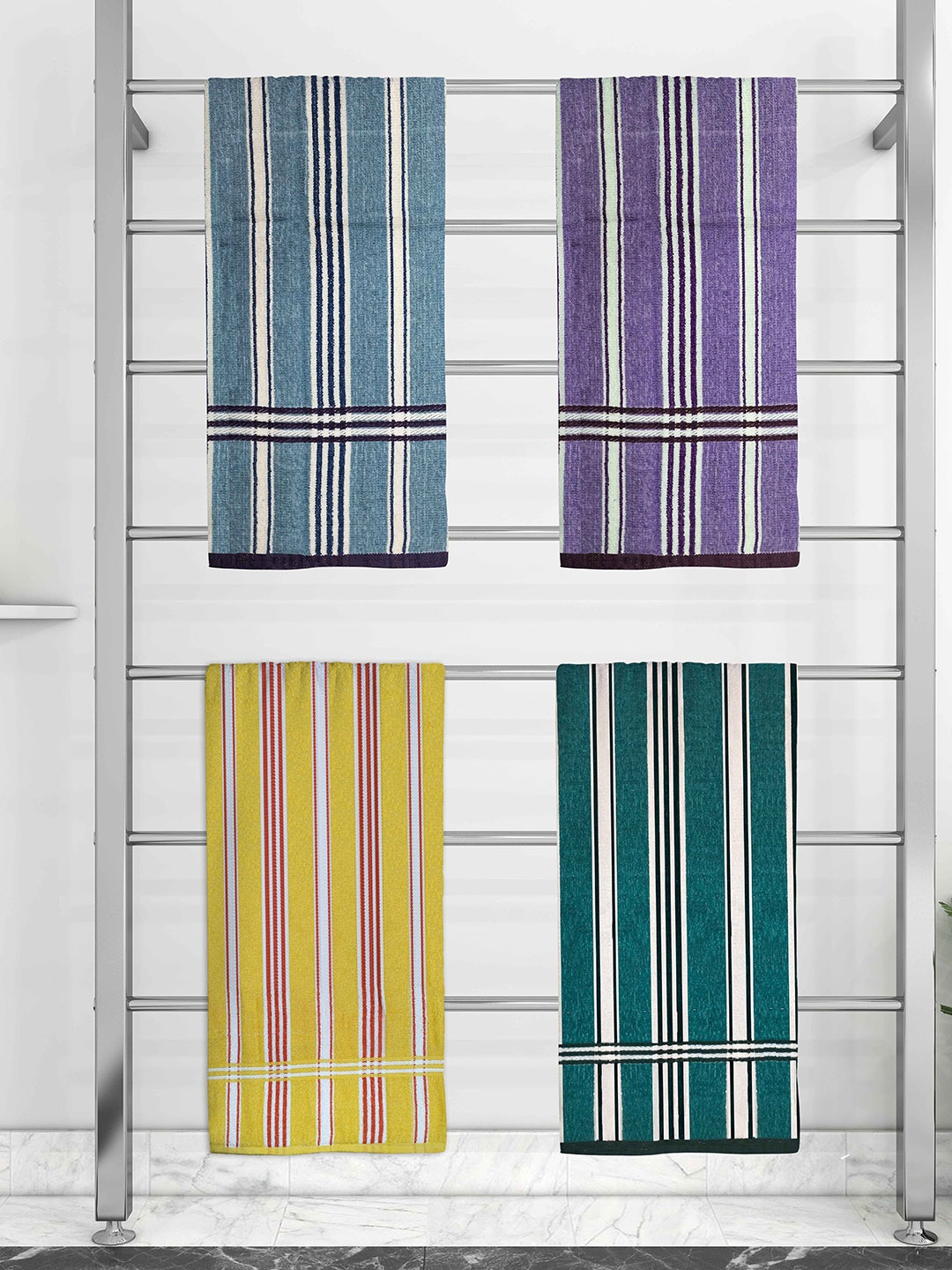 

Athom Trendz Set Of 4 Striped Pure Cotton 210 GSM Bath Towel, Blue