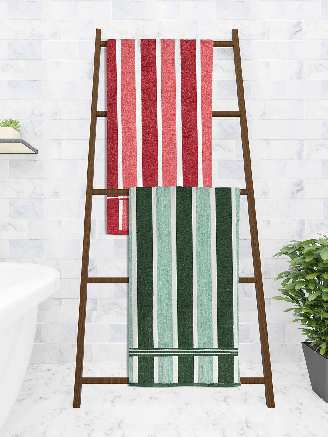 

Athom Trendz Set Of 2 Striped 210 GSM Pure Cotton Bath Towels, Green