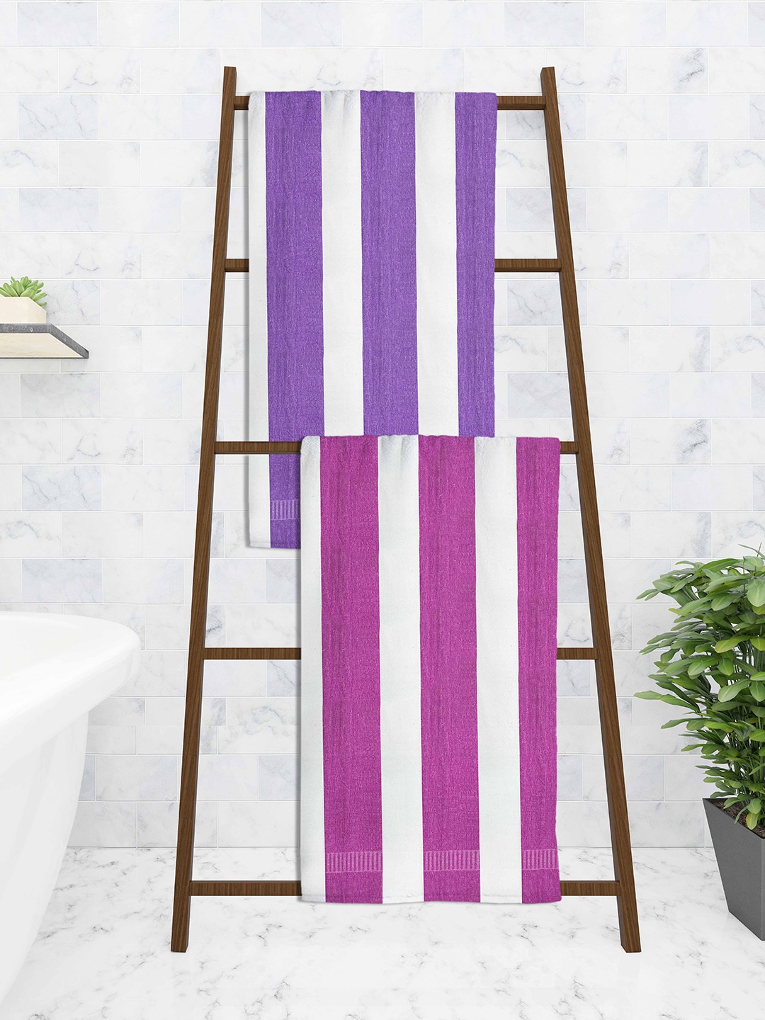 

Athom Trendz Set Of 2 Striped 210 GSM Pure Cotton Bath Towels, Purple