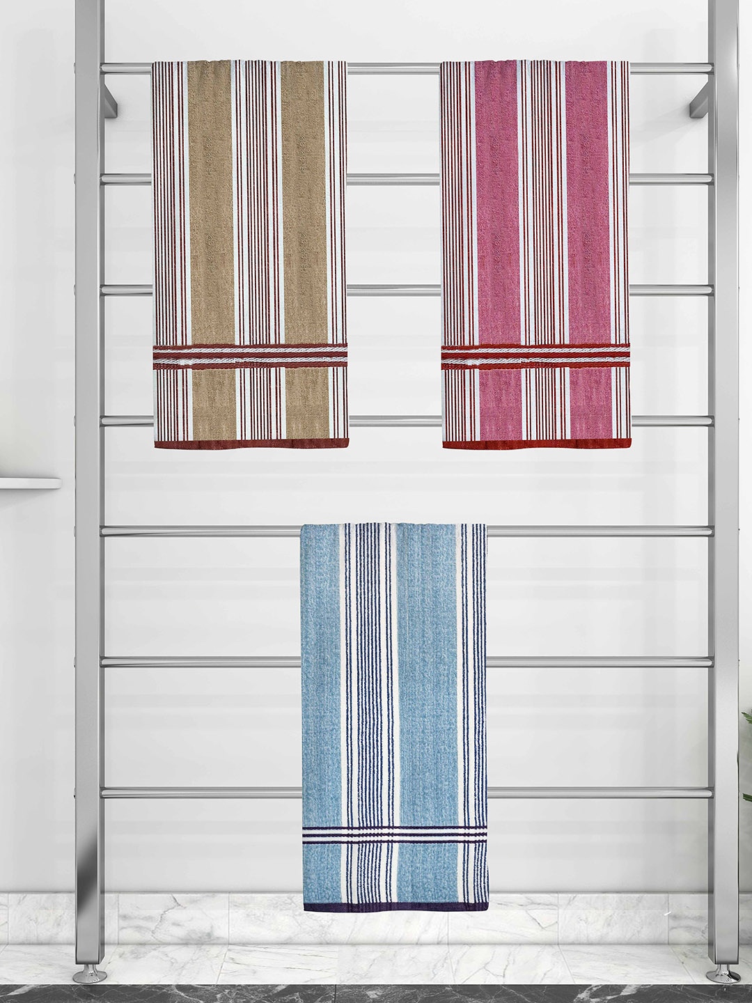 

Athom Trendz Set Of 3 Striped 210 GSM Pure Cotton Bath Towels, Blue