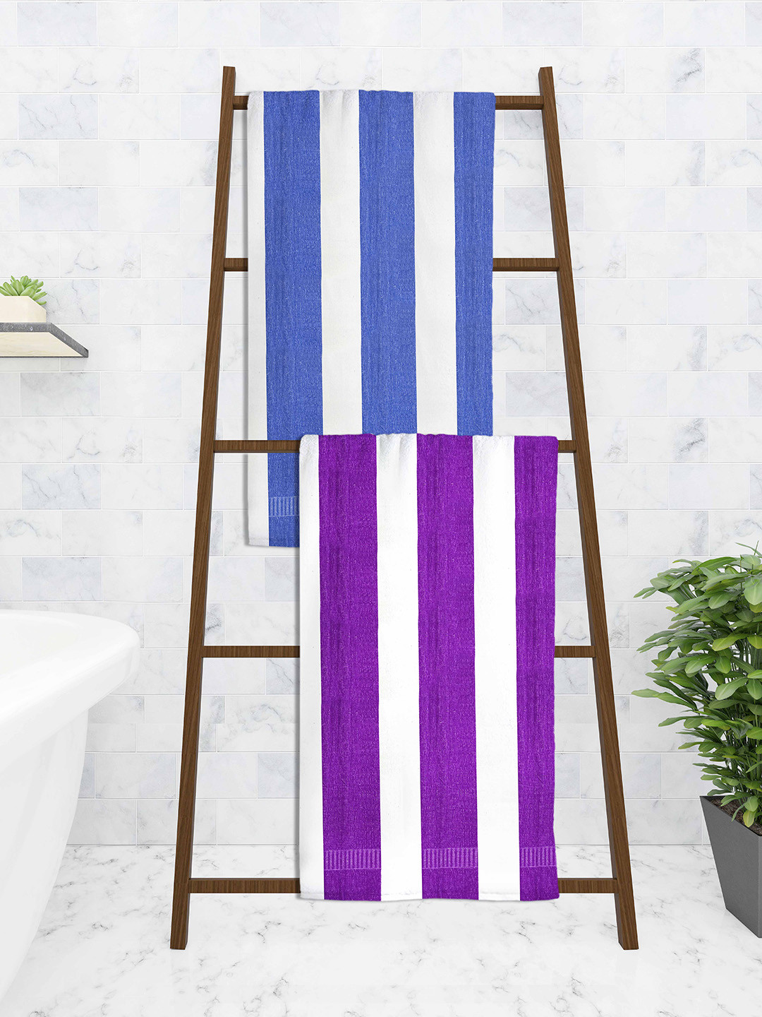 

Athom Trendz Set Of 2 Striped 210 GSM Pure Cotton Bath Towels, Blue
