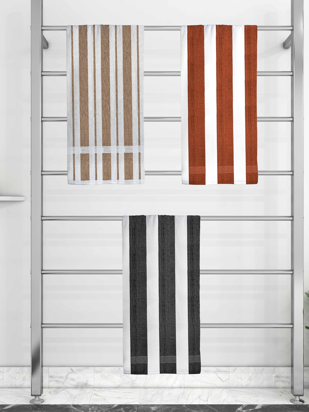 

Athom Trendz Set Of 3 Striped 210 GSM Pure Cotton Bath Towels, White