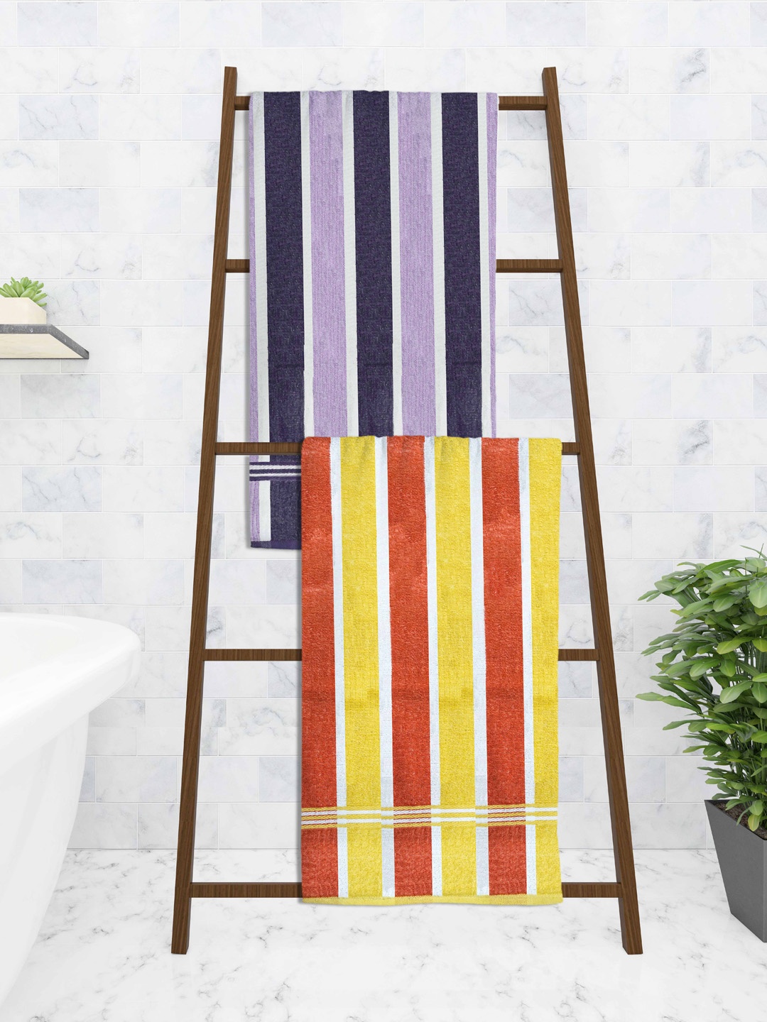 

Athom Trendz Set of 2 Striped Cotton 210 GSM Bath Towels, Red