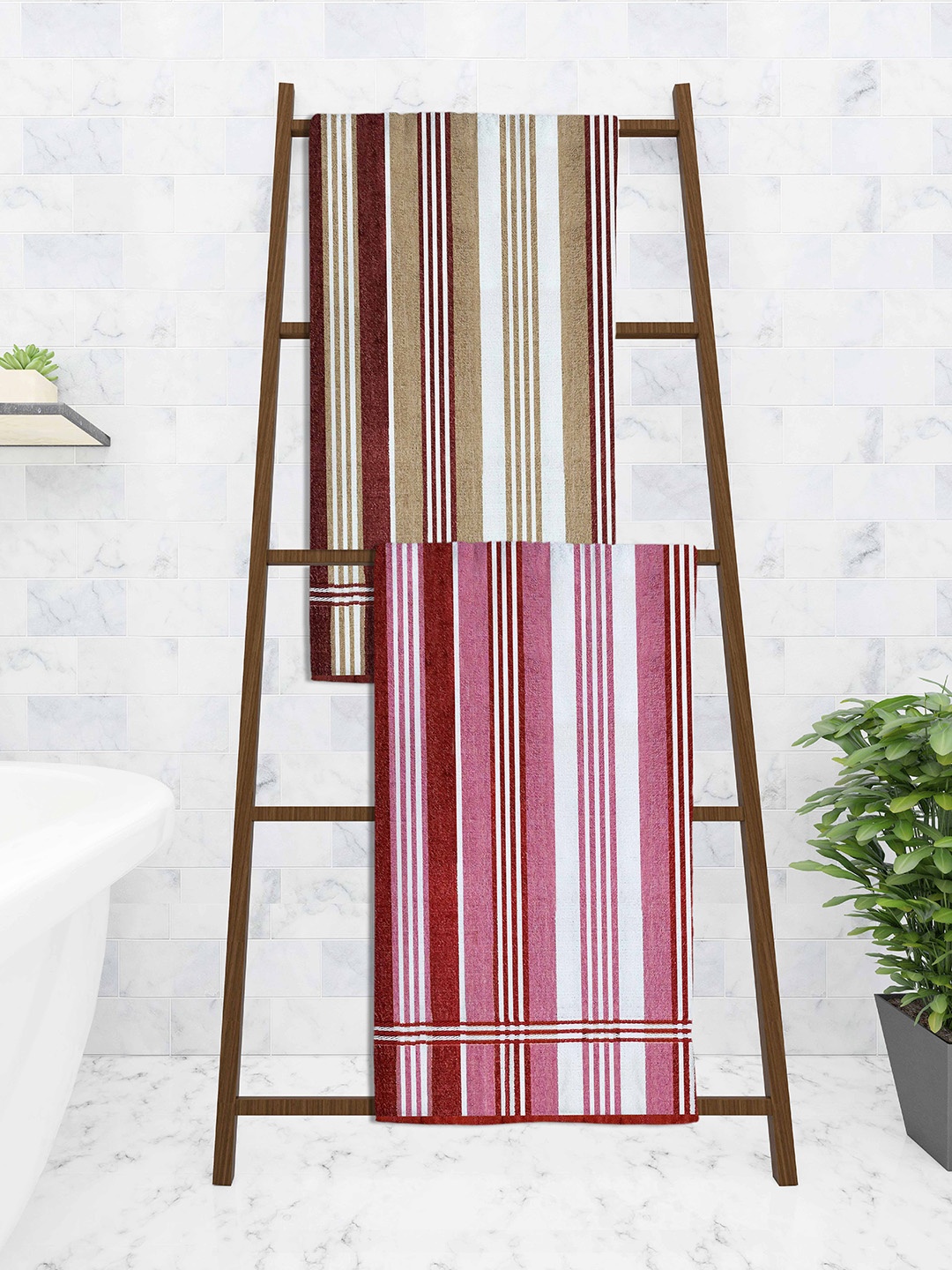 

Athom Trendz Set Of 2 Striped 210 GSM Pure Cotton Bath Towels, Pink