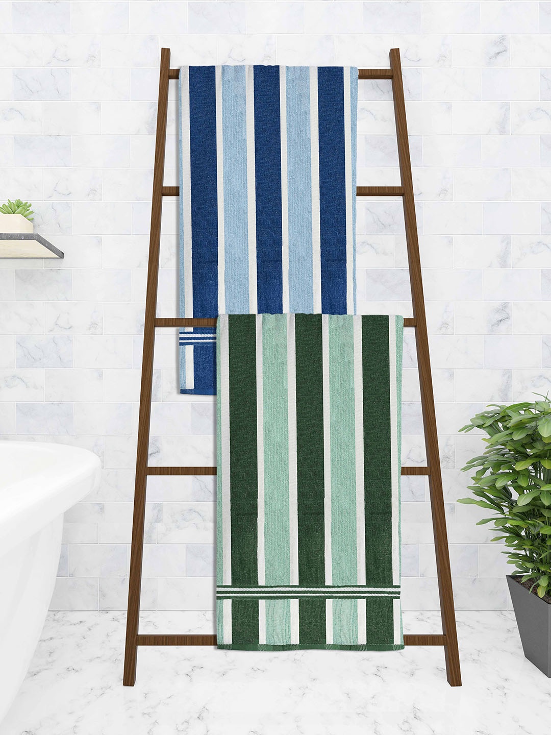 

Athom Trendz Set Of 2 Striped Pure Cotton 210 GSM Bath Towel, Green