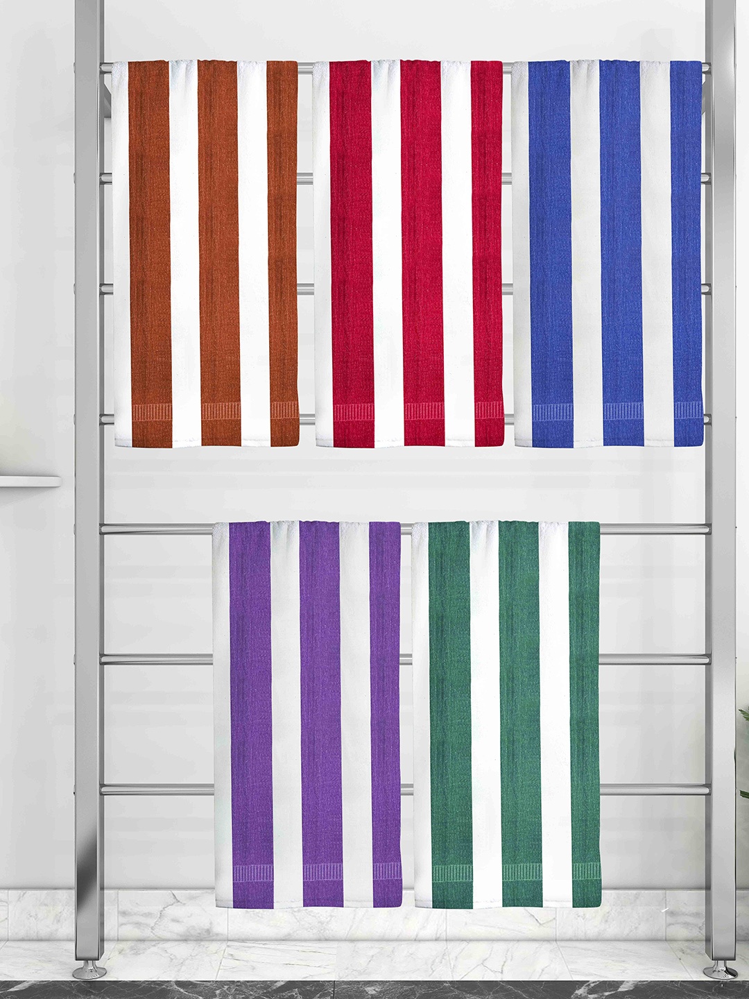 

Athom Trendz Set Of 5 Striped 210 GSM Pure Cotton Bath Towels, White
