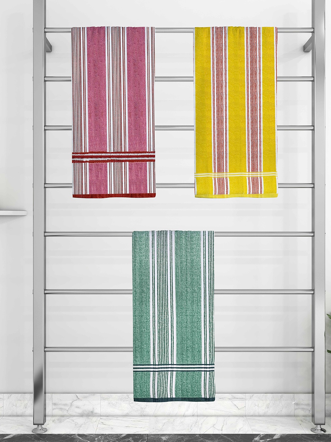

Athom Trendz Set Of 3 Striped Pure Cotton 210 GSM Bath Towel, Pink