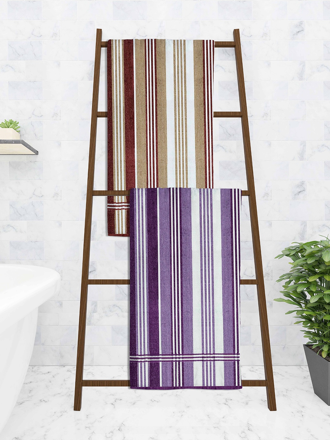 

Athom Trendz Set Of 2 Striped 210 GSM Pure Cotton Bath Towels, Multi