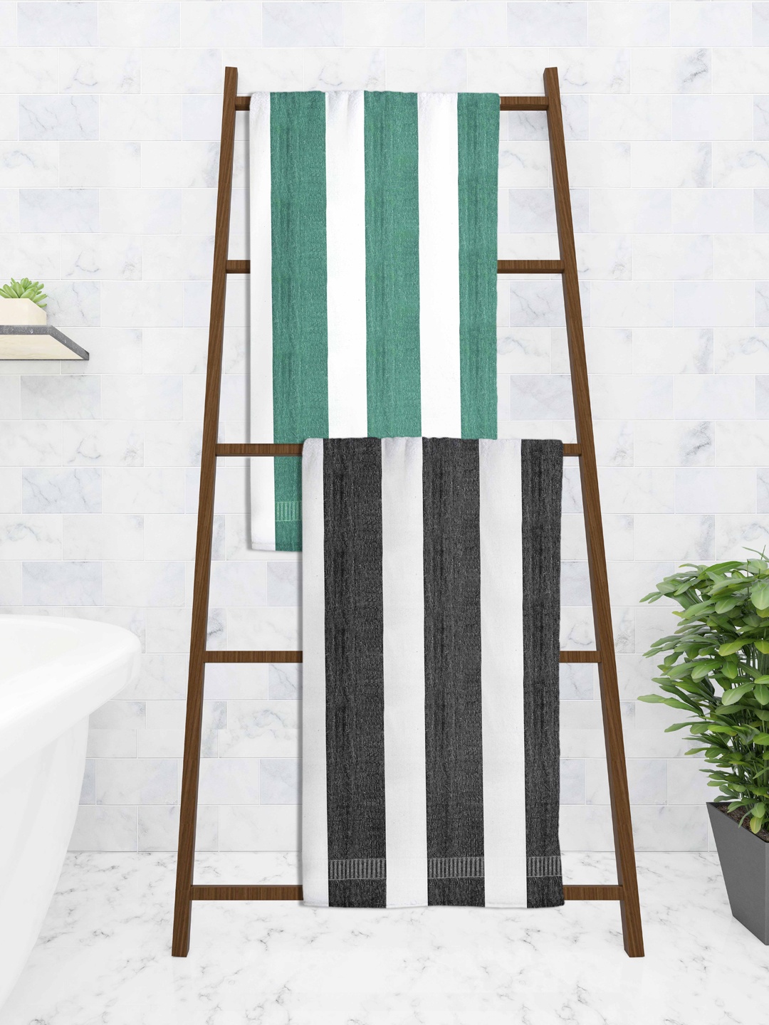 

Athom Trendz Set Of 2 Striped Pure Cotton 210 GSM Bath Towel, White