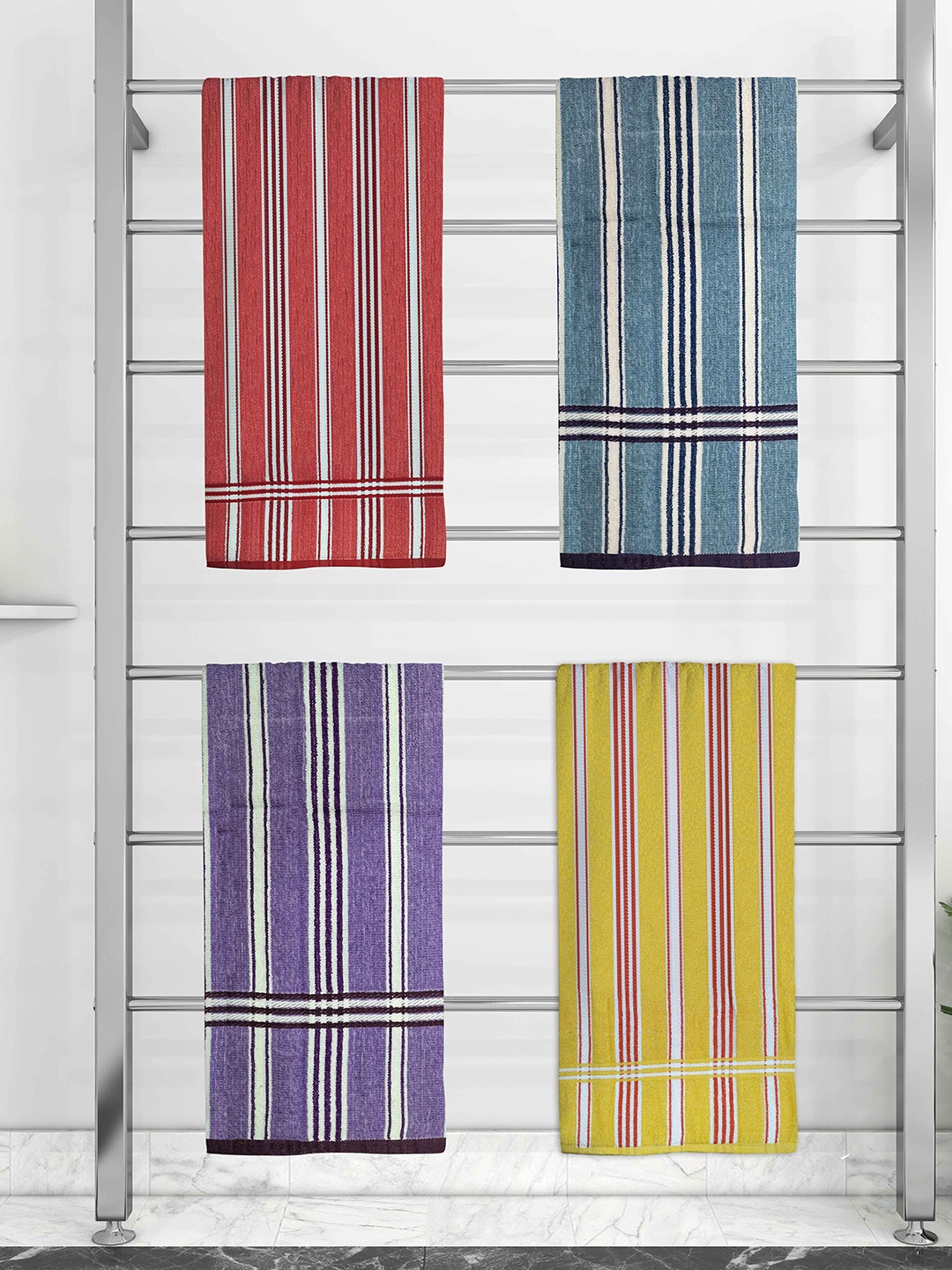 

Athom Trendz Set Of 4 Striped Pure Cotton 210 GSM Bath Towel, Blue