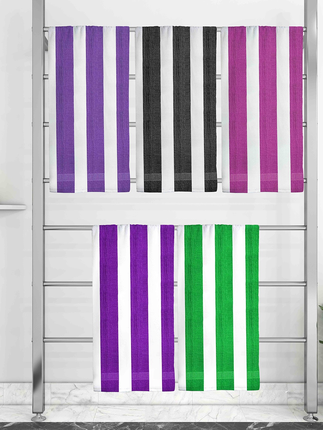 

Athom Trendz Set Of 5 Striped 210 GSM Pure Cotton Bath Towels, Green