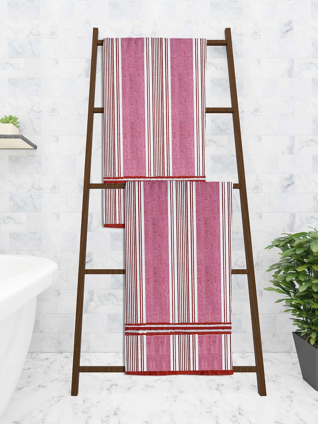 

Athom Trendz Set Of 2 Striped 210 GSM Pure Cotton Bath Towels, Pink