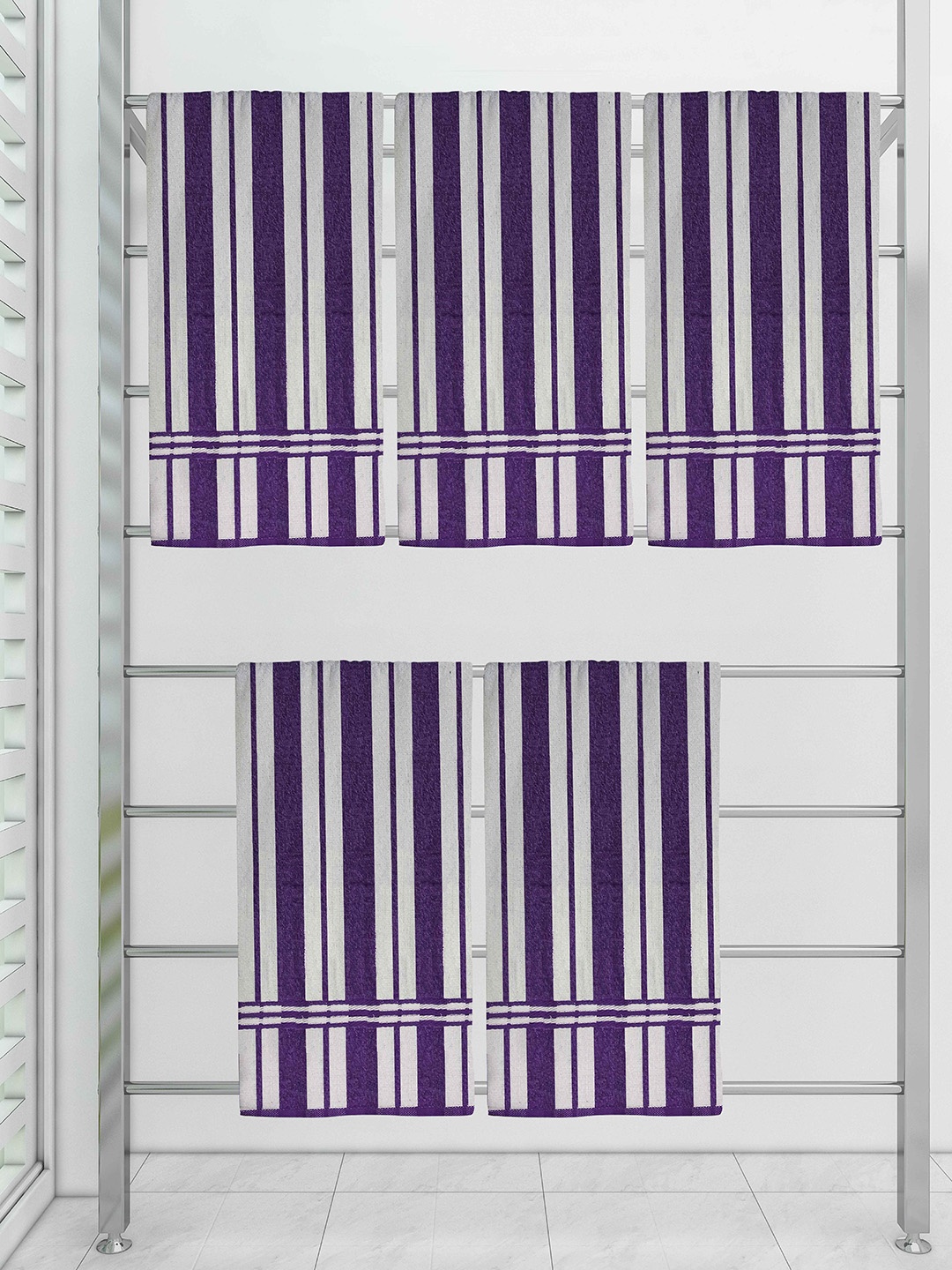 

Athom Trendz Set Of 5 Striped 210 GSM Pure Cotton Bath Towels, Purple
