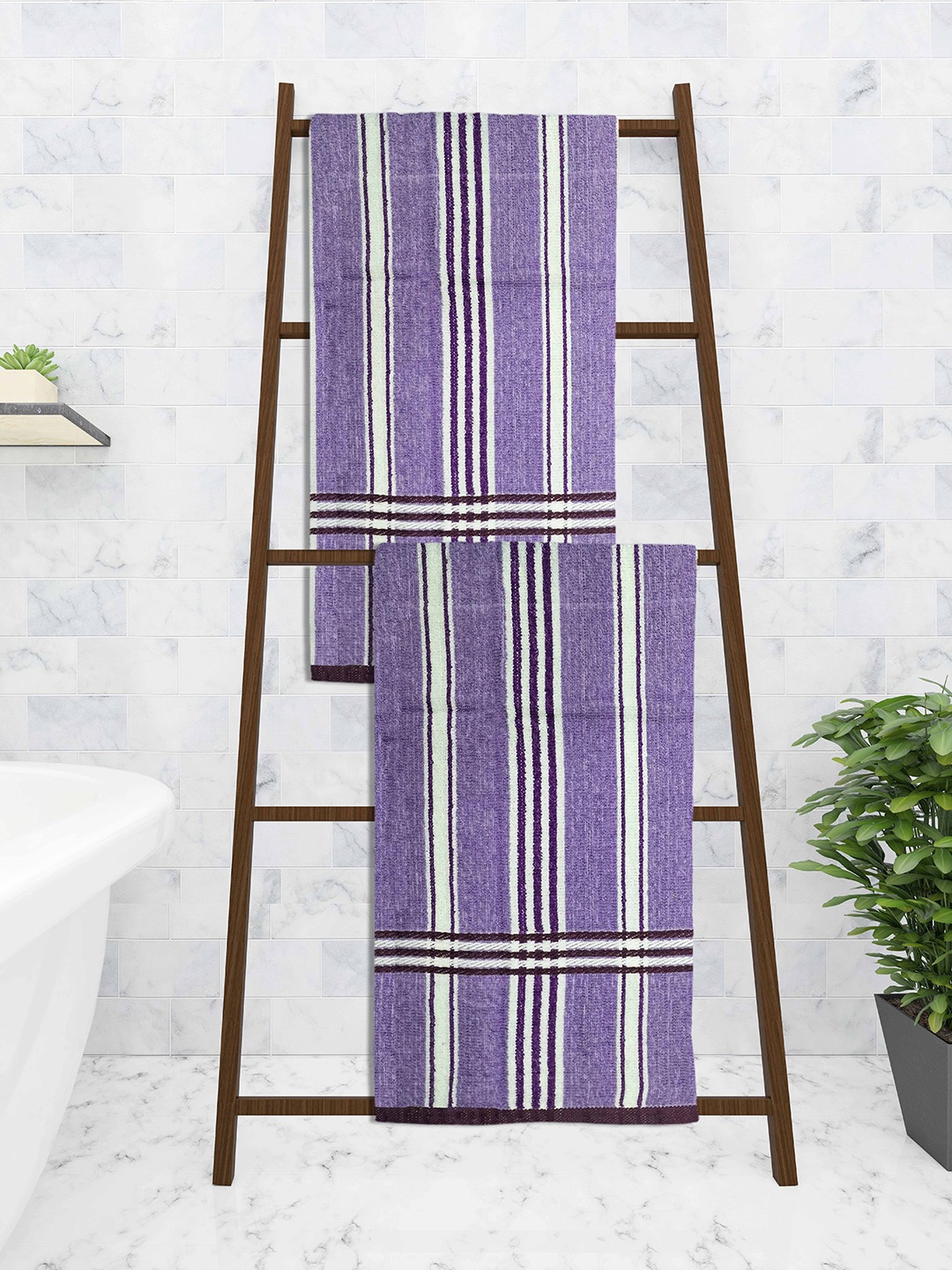 

Athom Trendz Set Of 2 Striped 210 GSM Pure Cotton Bath Towels, Purple