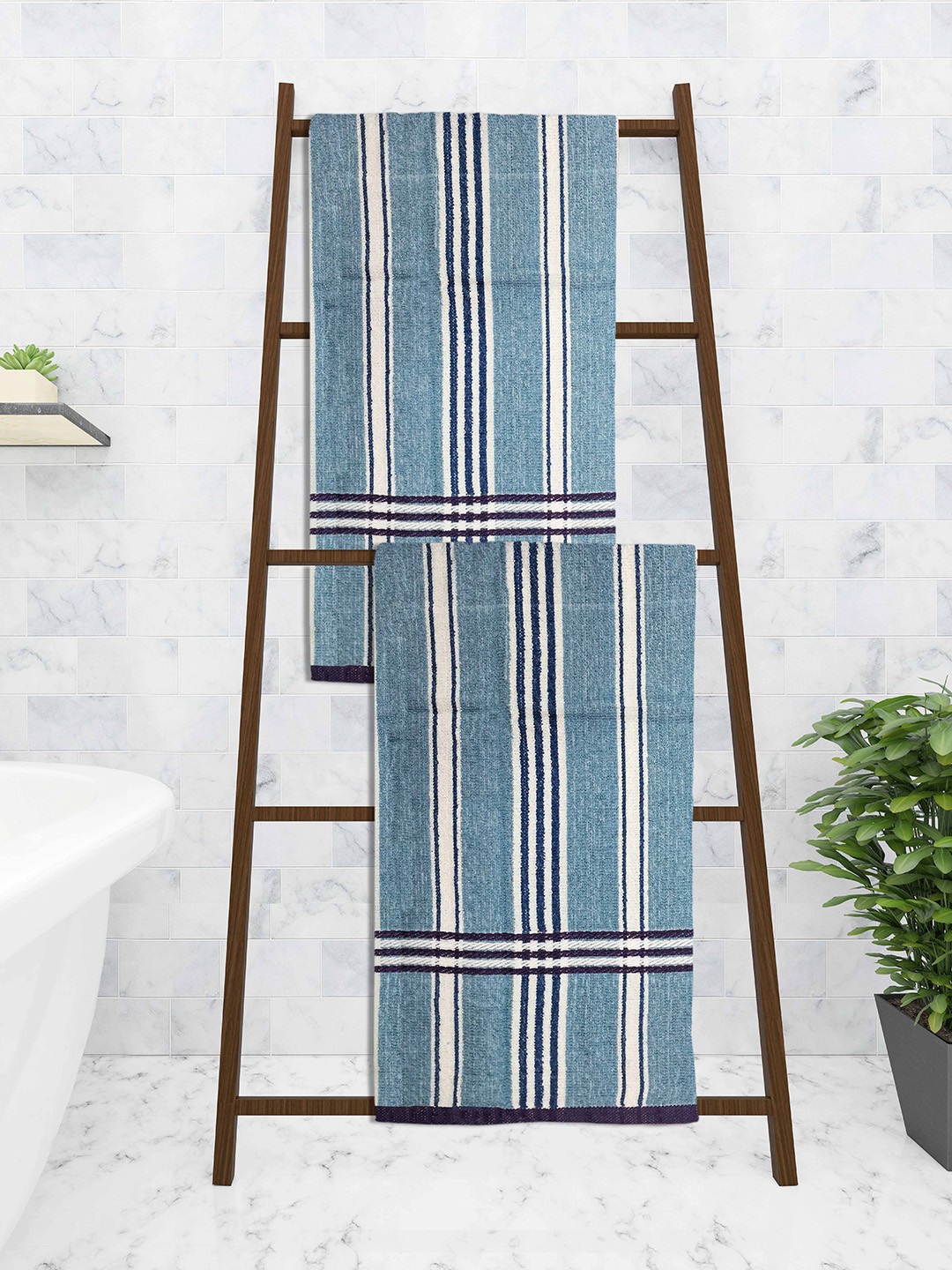 

Athom Trendz Set Of 2 Striped 210 GSM Pure Cotton Bath Towels, Blue
