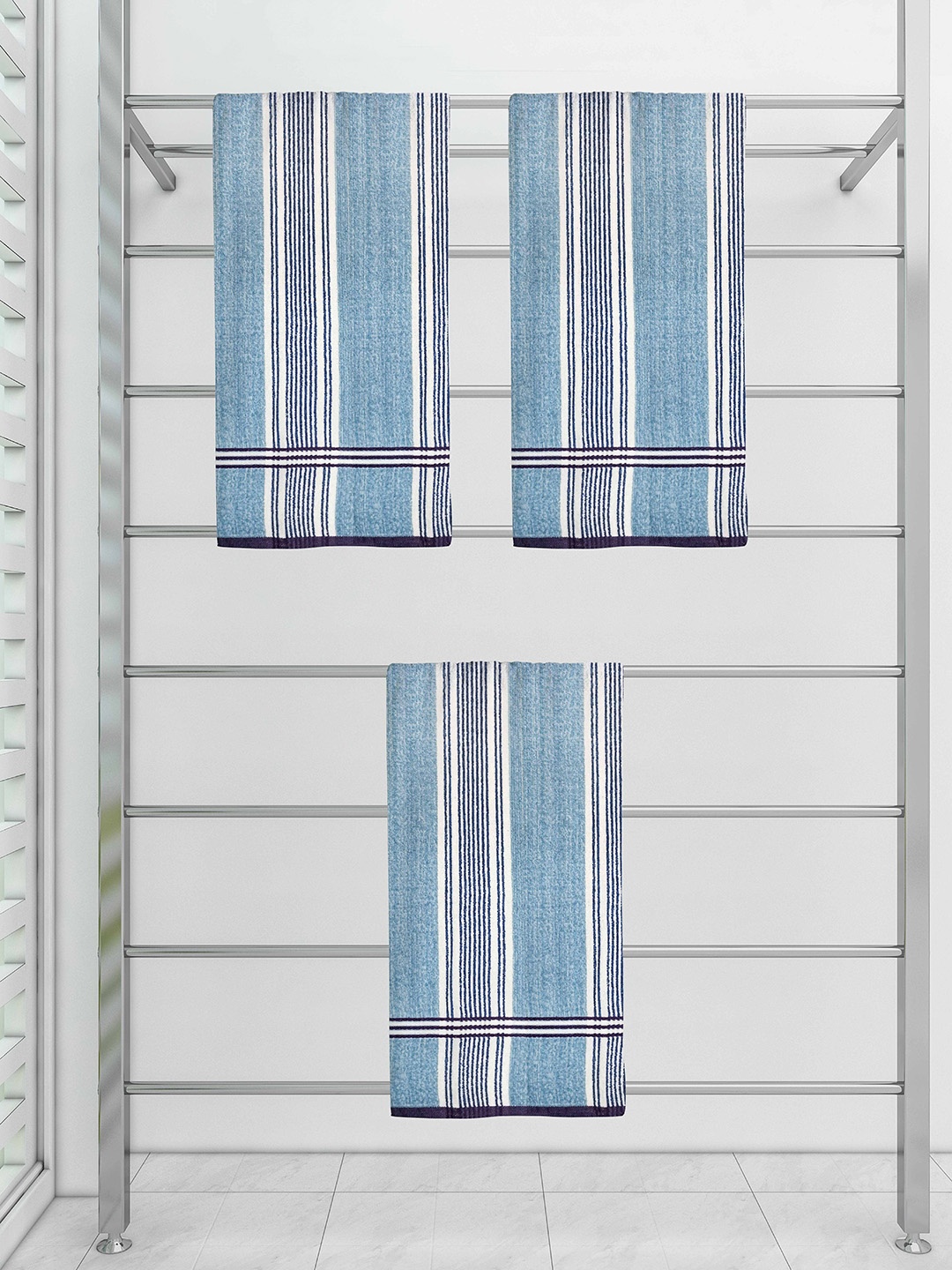 

Athom Trendz Set Of 3 Striped Pure Cotton 210 GSM Bath Towel, Blue