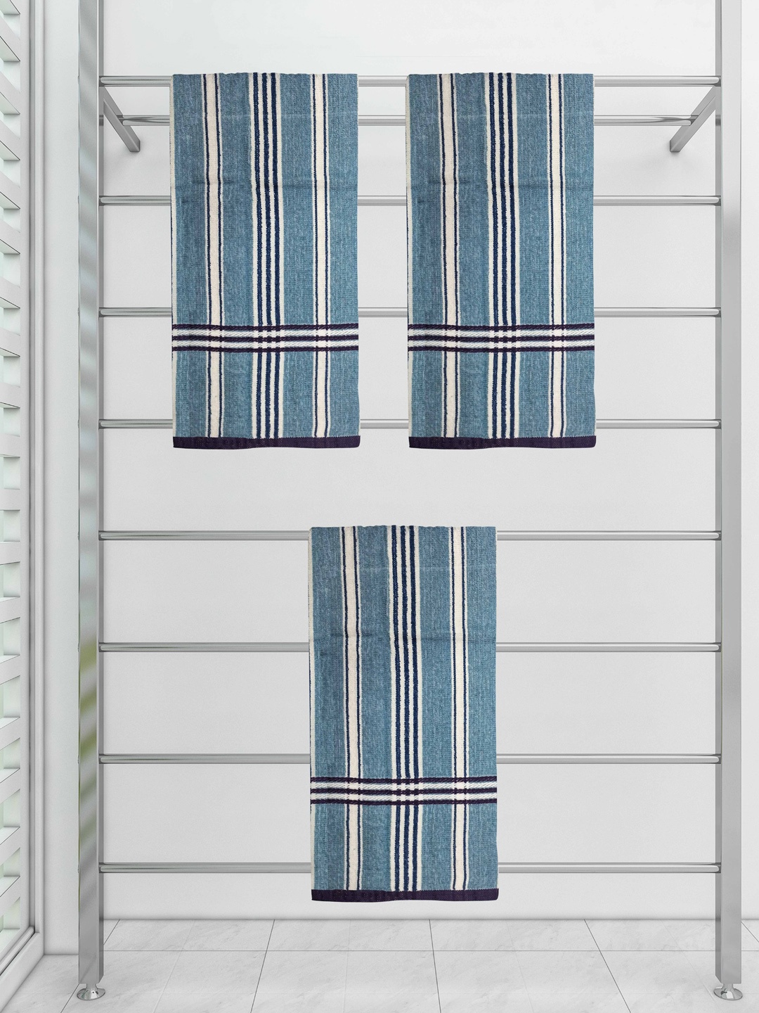 

Athom Trendz Set Of 3 Striped 210 GSM Pure Cotton Bath Towels, Blue