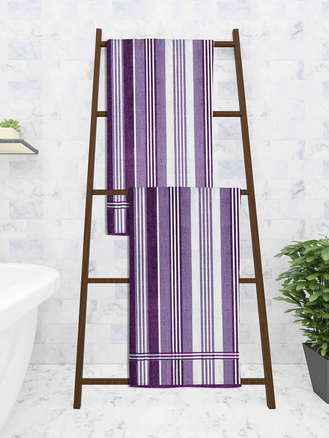 

Athom Trendz Set Of 2 Striped 210 GSM Pure Cotton Bath Towels, Purple