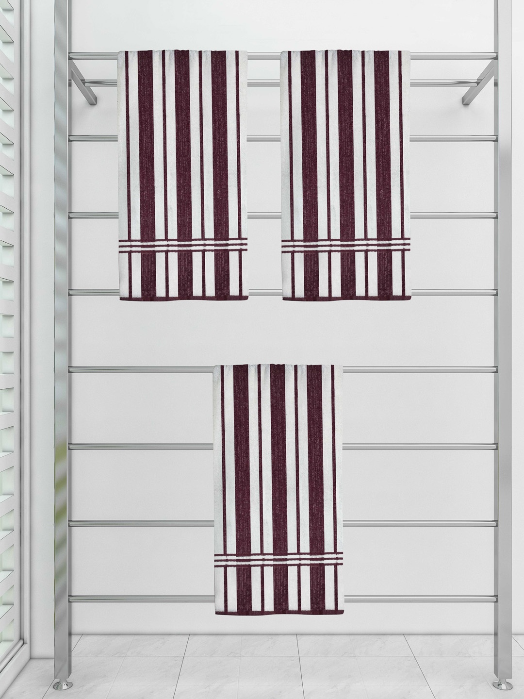 

Athom Trendz Set Of 3 Striped 210 GSM Pure Cotton Bath Towels, Brown